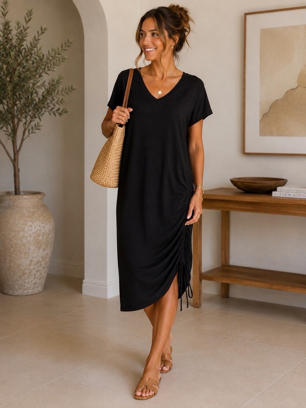 SheBird Black Short Sleeve V-Neck Built-In Bra Jersey Maxi T-Shirt Dress Size XL